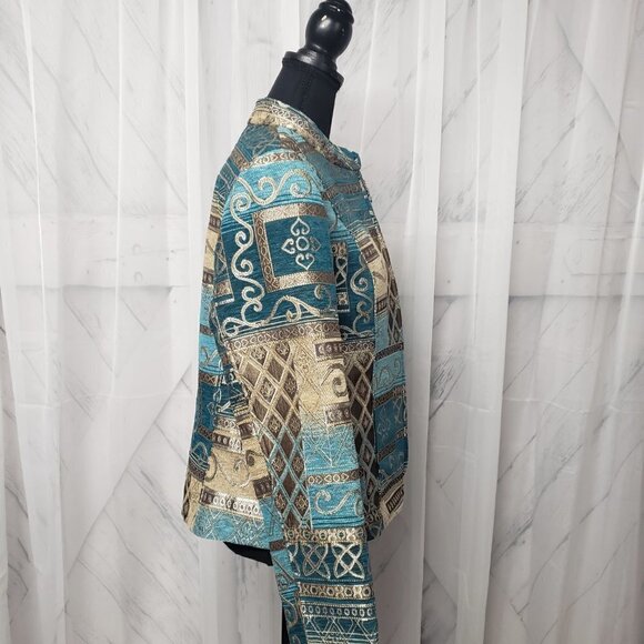 Dressbarn Jacket Blue Brown Embroidered Tapestry Patchwork Artsy Retro M - Picture 6 of 13